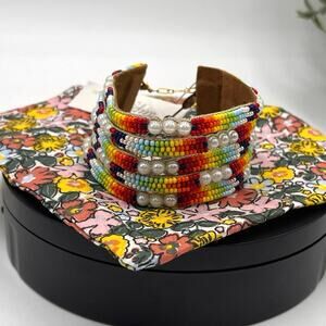 Deepa Gurnani Valli White Faux‎ Pearl Orange/Yellow Multi  Peyote Cuff Bracelet